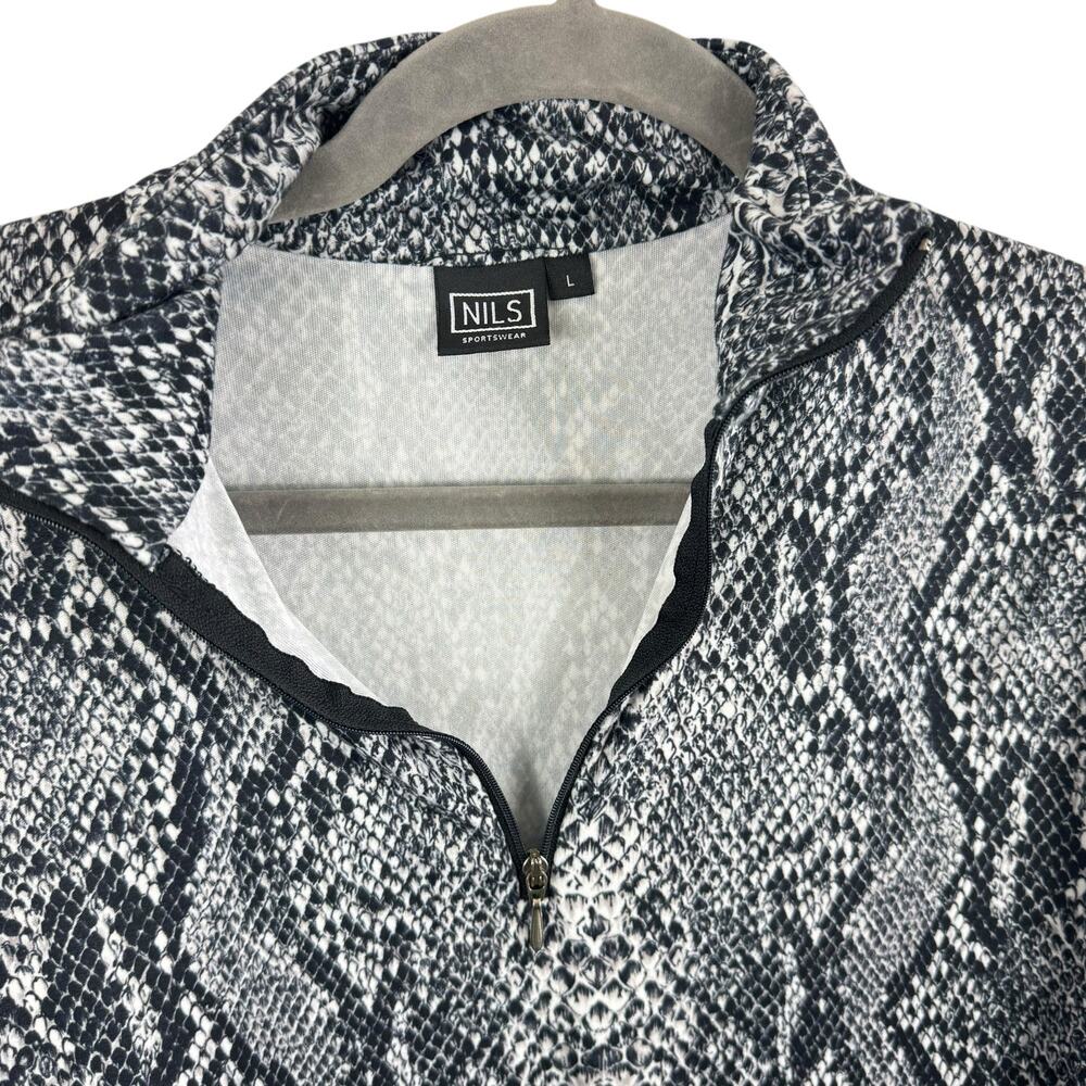 NILS Brooklyn Black White Snakeskin 1/2 Zip T-Neck Athleisure Top Made in USA L - Picture 3 of 6